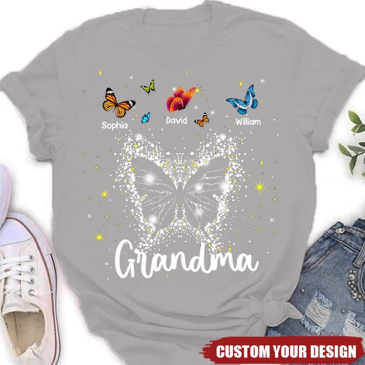 Personalized Grandma Mom Butterfly With Kids Shirt