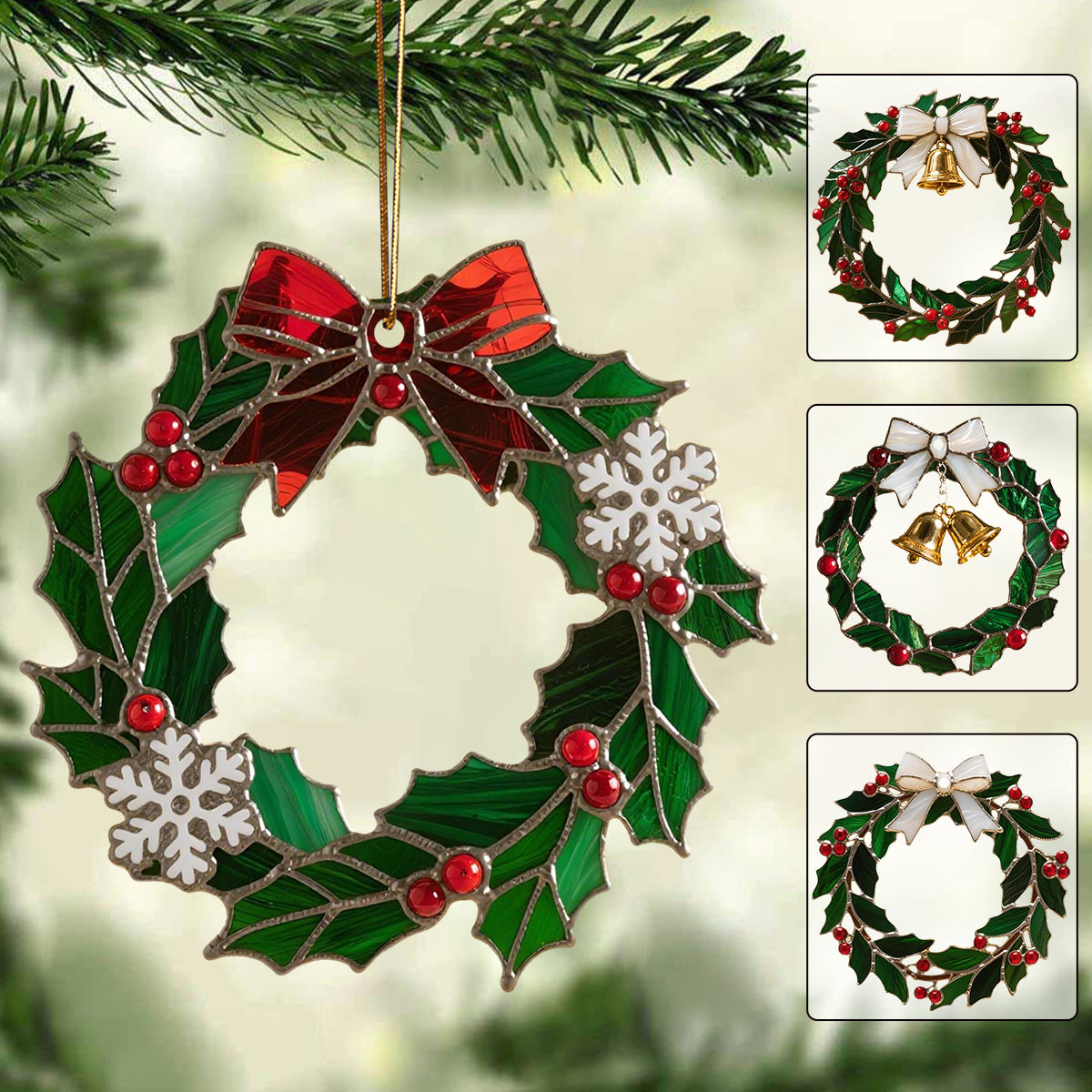 Christmas Stained Holly Wreath Ornament