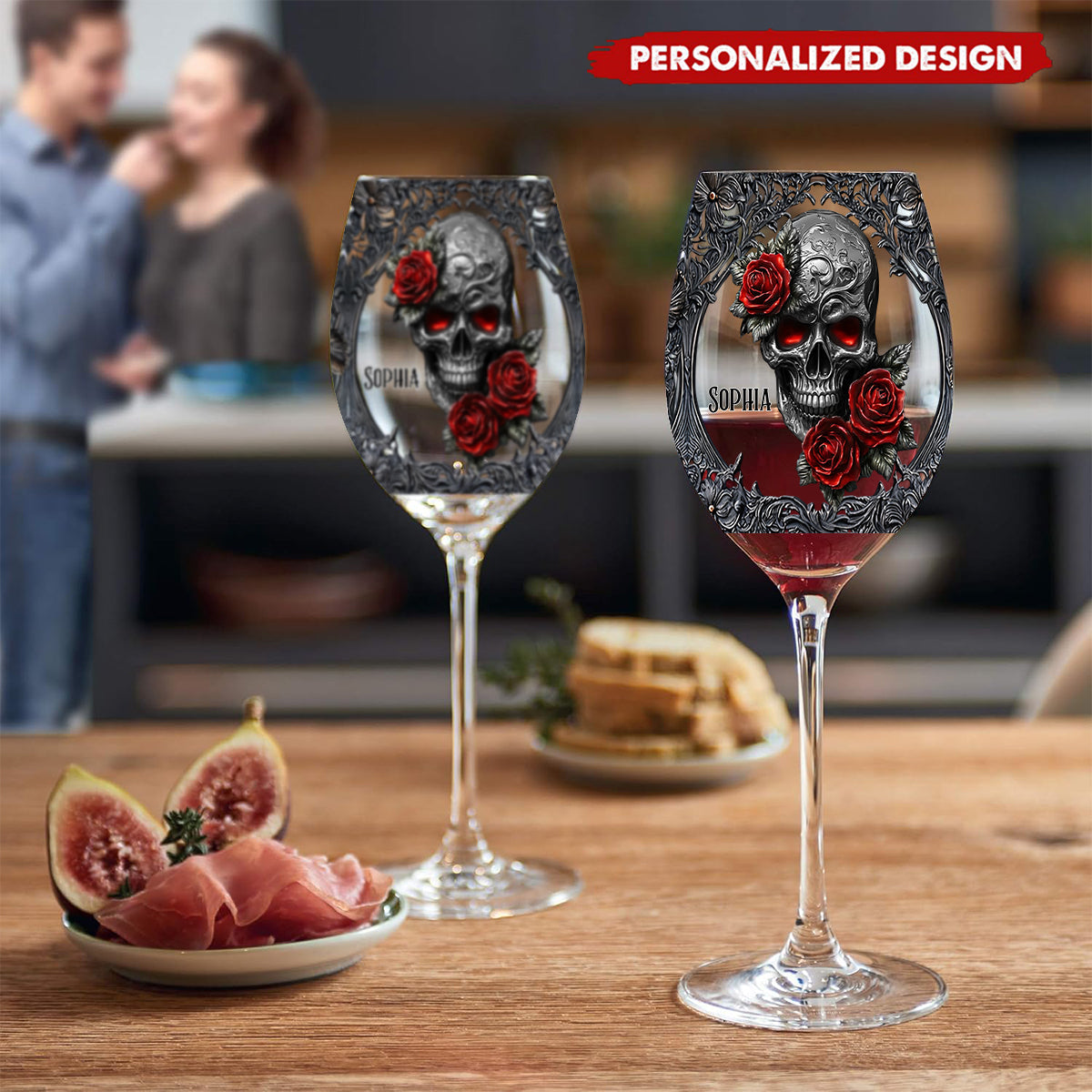 Hello Darkness - Couple Gift - Personalized Skull Wine Glass With Long Stem