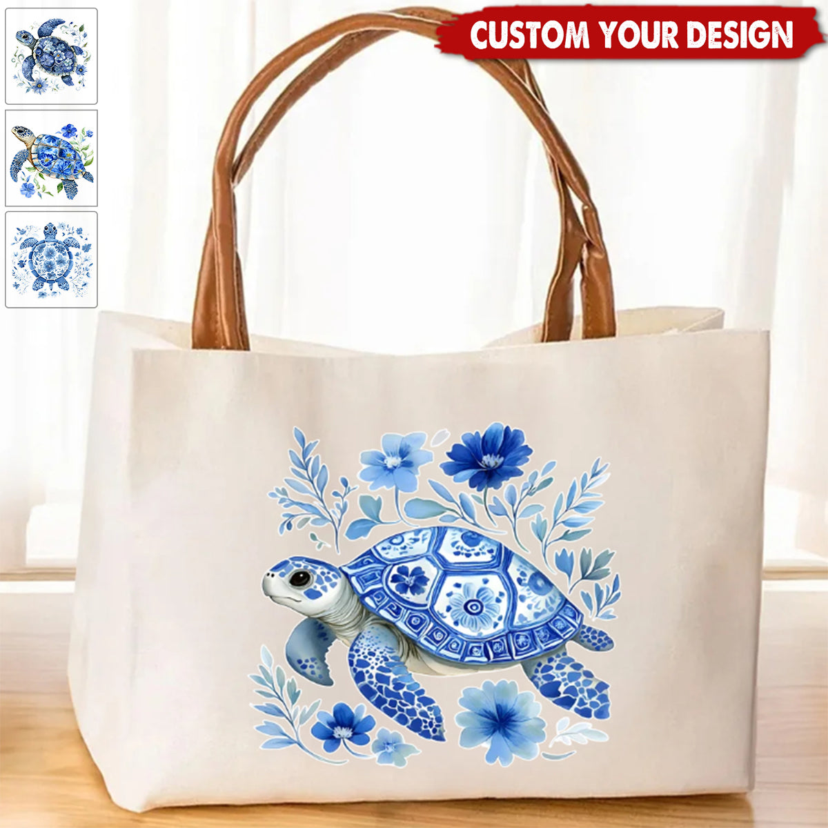 Personalised Blue Floral Sea Turtle Canvas Tote Bag with Name and PU Leather Handle