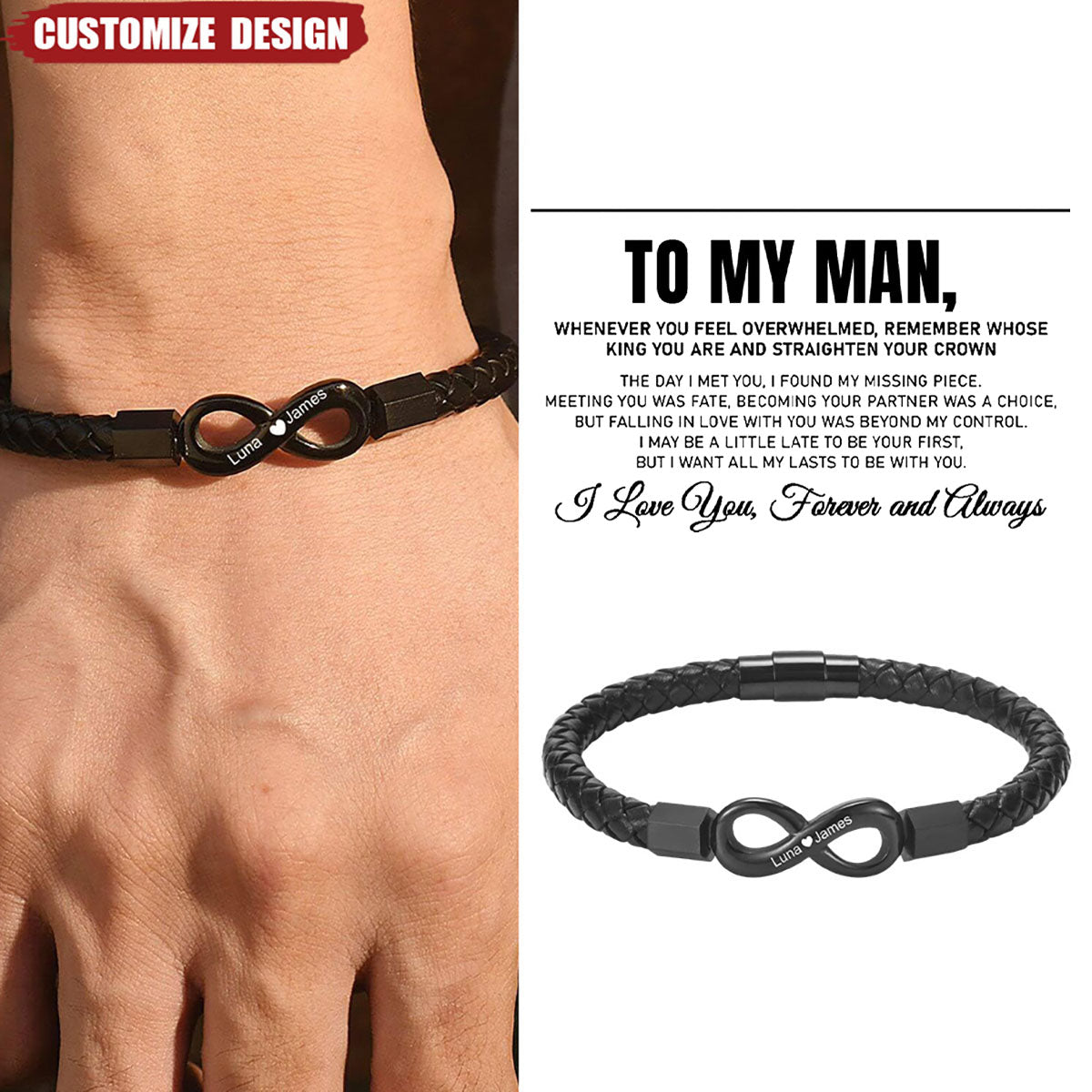 To My Man - Personalized 2 Names Infinity Leather Bracelet - Gift For Couple