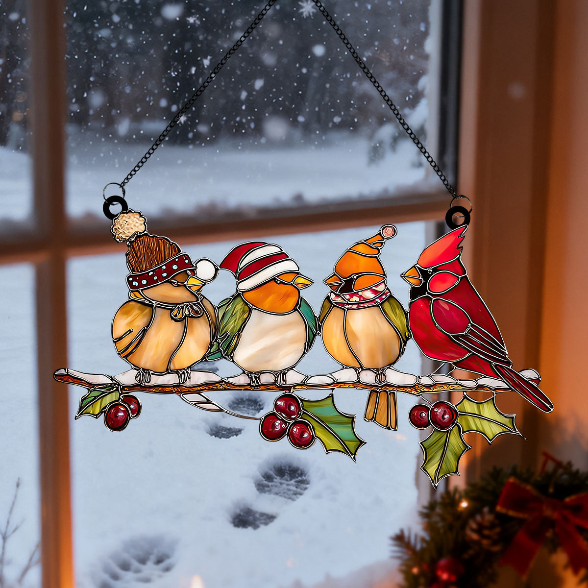 Christmas Cardinal Acrylic Suncatcher, Holiday Birds Window Ornament