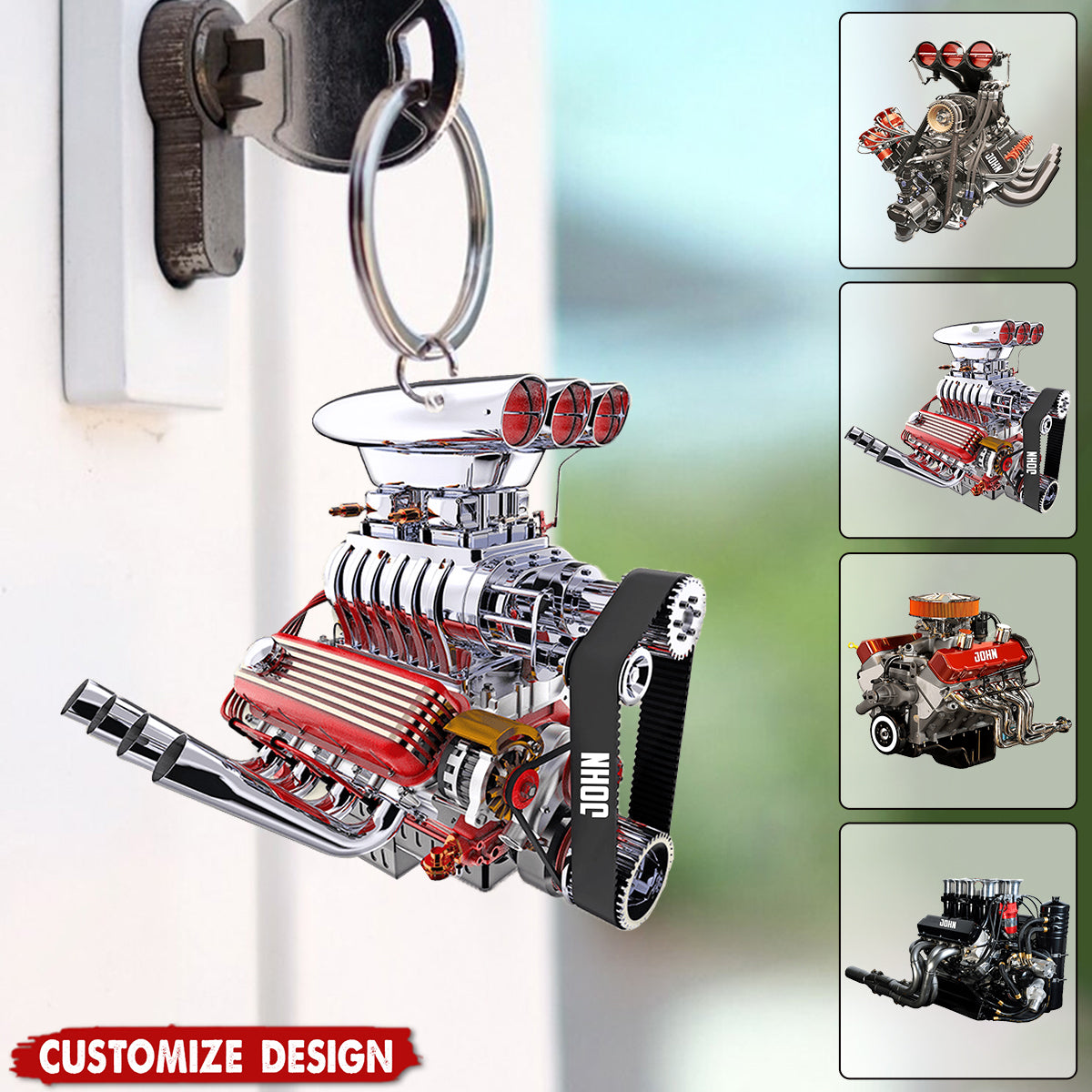 Drag Racing Hot Rod V8 Engine - Personalized Drag Racing Keychain - Gift For Racing Lovers