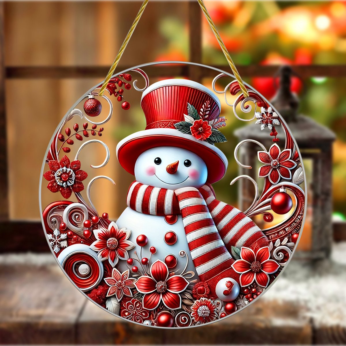 Snowman with Red Hat Personalized Window Hanging Ornament Suncatcher