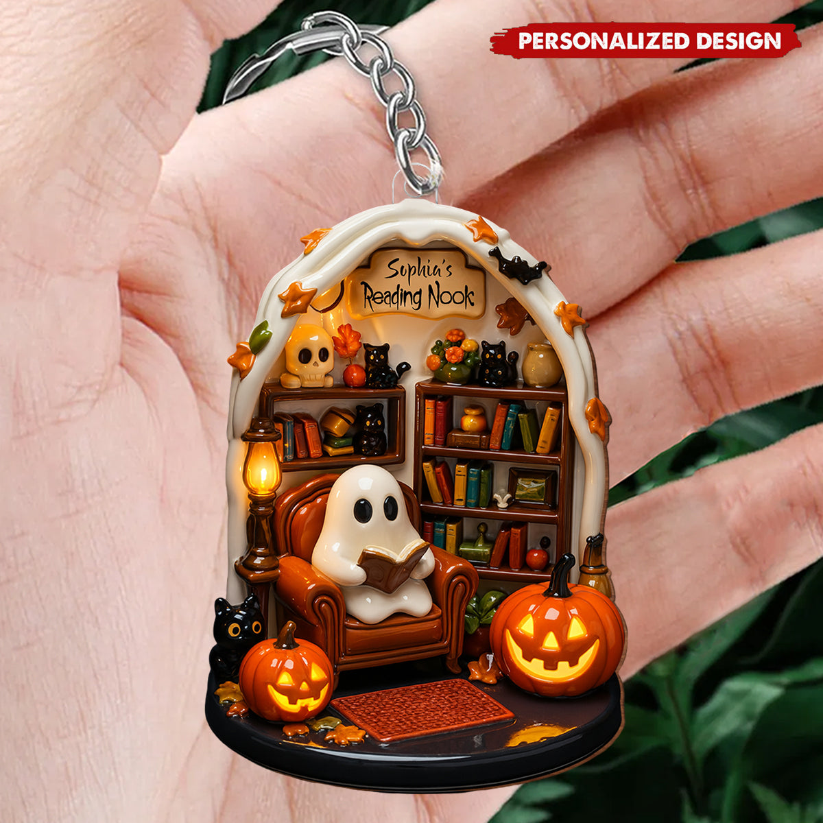 Create Your Own Personalized Reading Nook With Ghost and Pumpkin,Custom Keychain,Gift For Book and Halloween Lovers