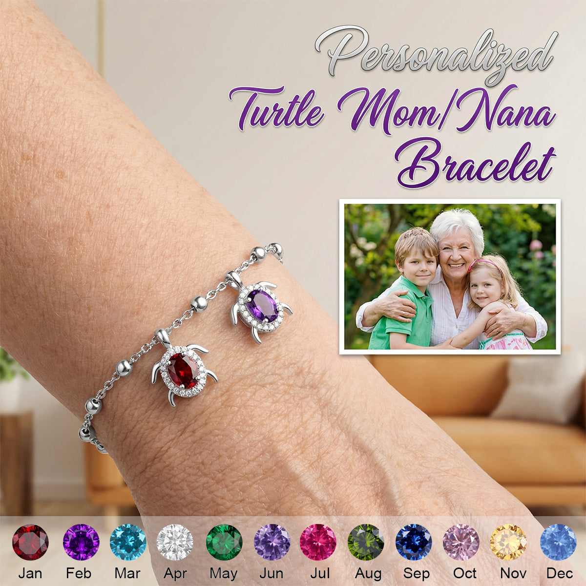 Personalized Sea Turtle Birthstones Bracelet - Gift For Mom,Grandma