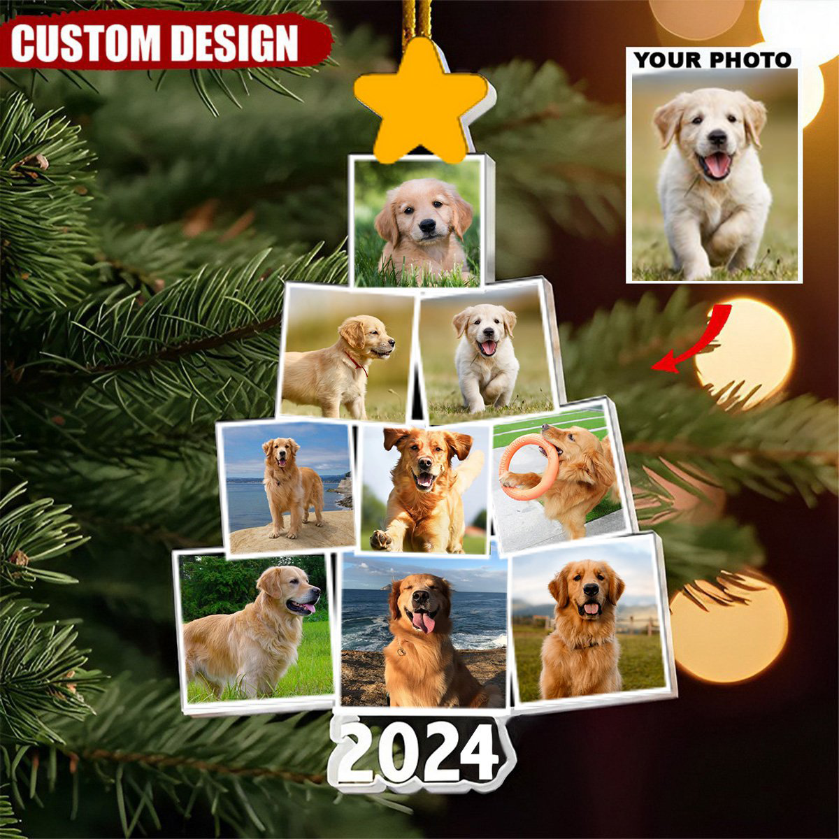 Custom Year & Photo - Photo Family-Couple-Pet Tree Christmas - Personalized Acrylic Photo Ornament