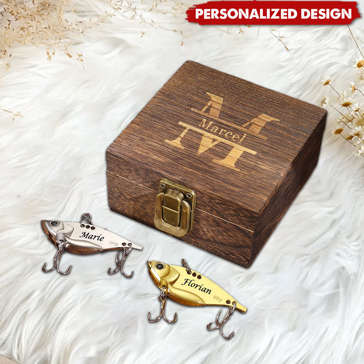 Personalized Metal Engraved Fishing Lure Hook With Wood Box - Gifts For Fishing Lover