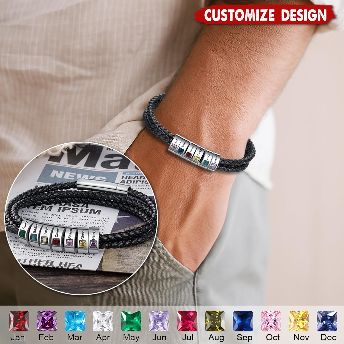 Personalized Mens Braid Bracelet with 1-8 Engraved Beads Family Names-Gifts for Men Father's day