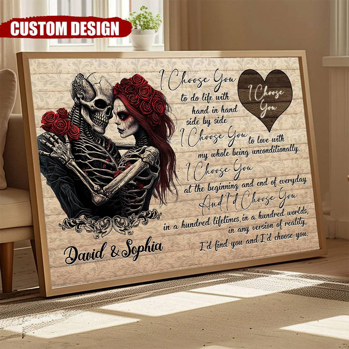 I Choose You - Personalized Sugar Skull Rose Couple Poster, Anniversary Gift For Couple