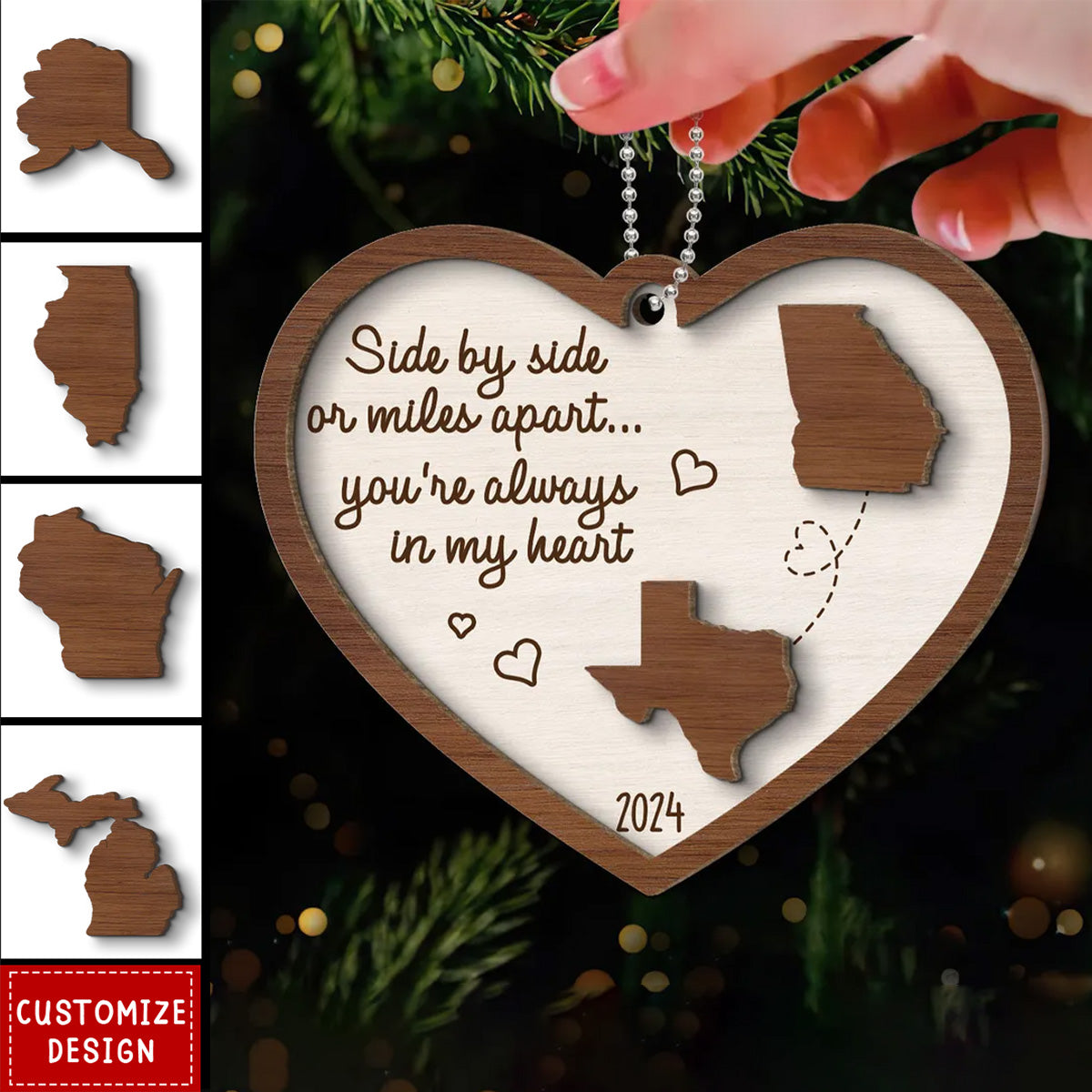 Miles Apart Long Distance Family Friendship State Map Personalized 2-Layer Wooden Ornament 2024 New Release