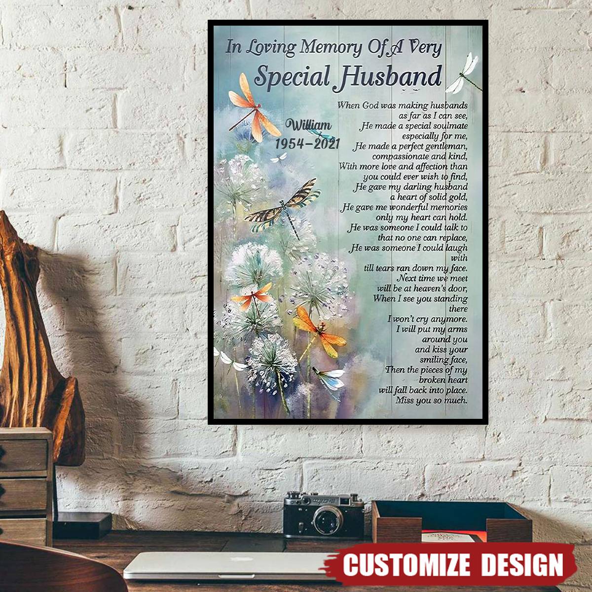 In Loving Memory Of Special Husband Dandelion Dragonfly - Personalized Memorial Poster