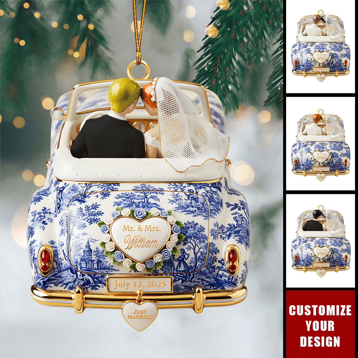 Personalized Newlywed Toile de Jouy Custom Acrylic Ornament, Wedding Gift for Couples