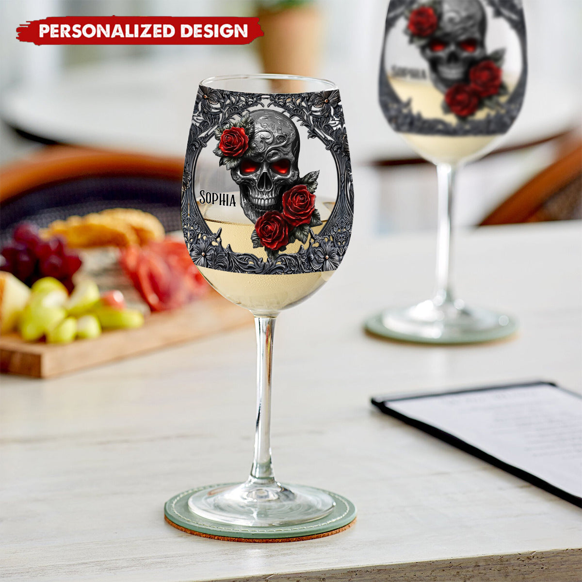 Hello Darkness - Couple Gift - Personalized Skull Wine Glass With Long Stem