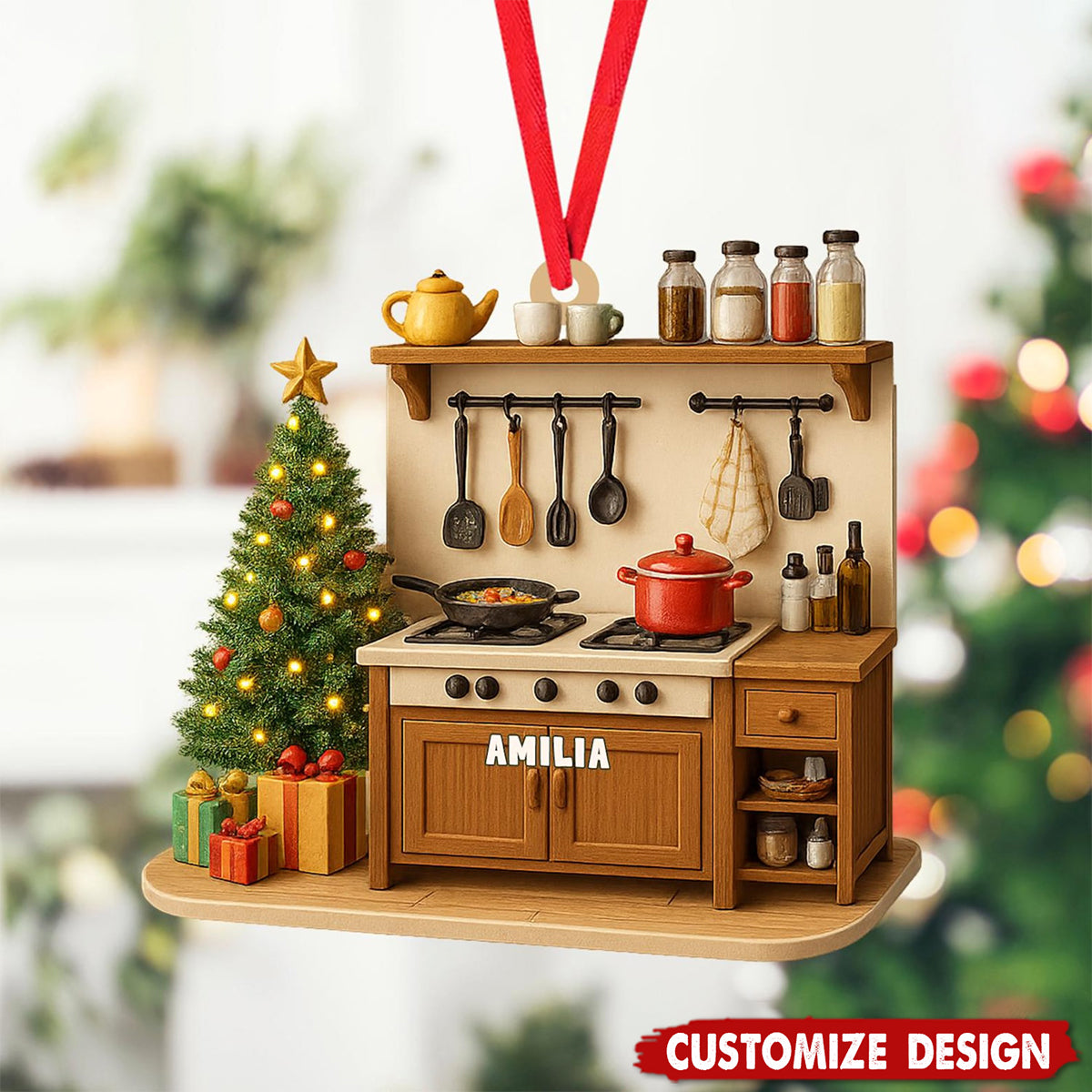 Custom Name Kitchen Ornament – 2D Flat Ornament, Cooking Stove Christmas Decoration with Pots, Utensils & Tree – Personalized Chef Gift