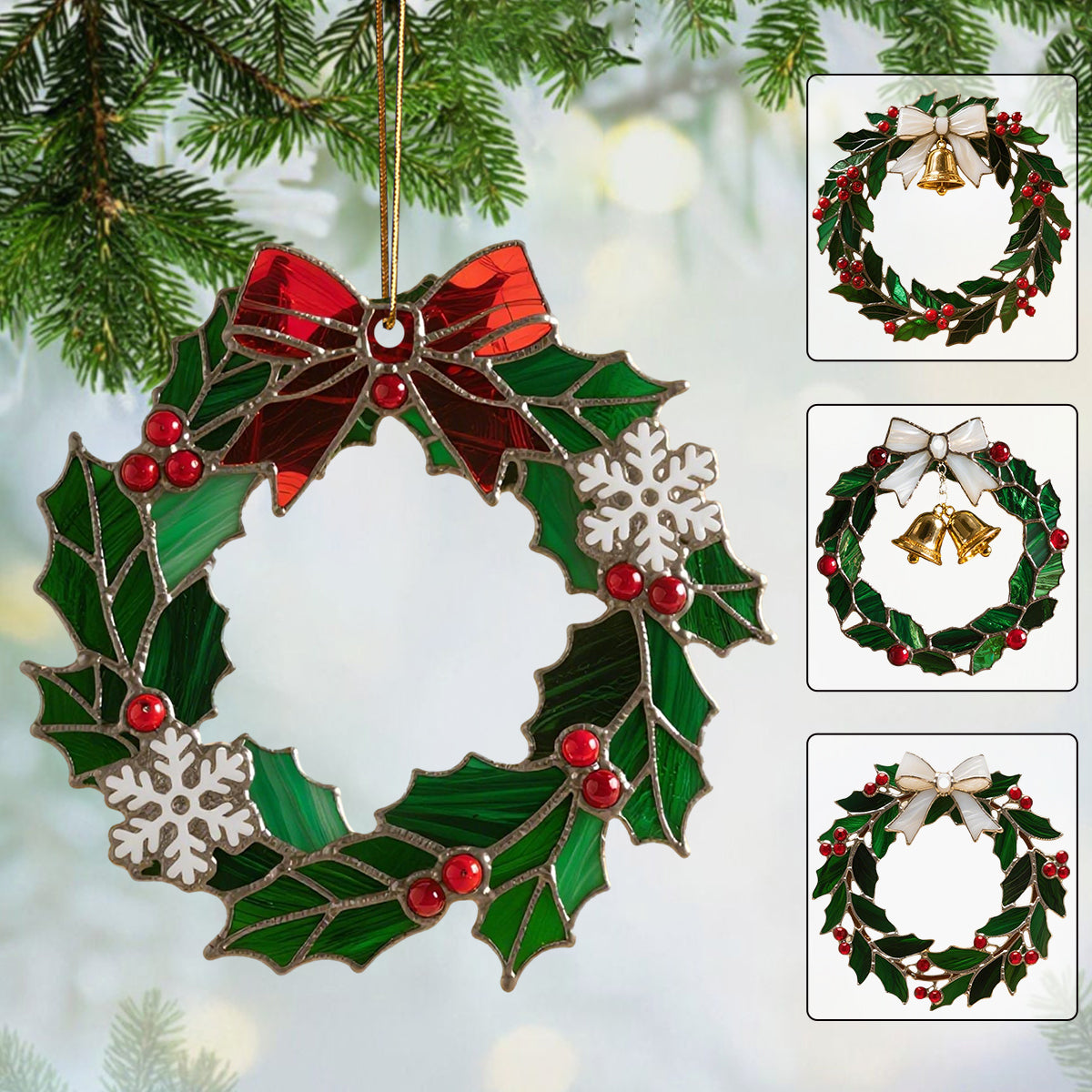 Christmas Stained Holly Wreath Ornament
