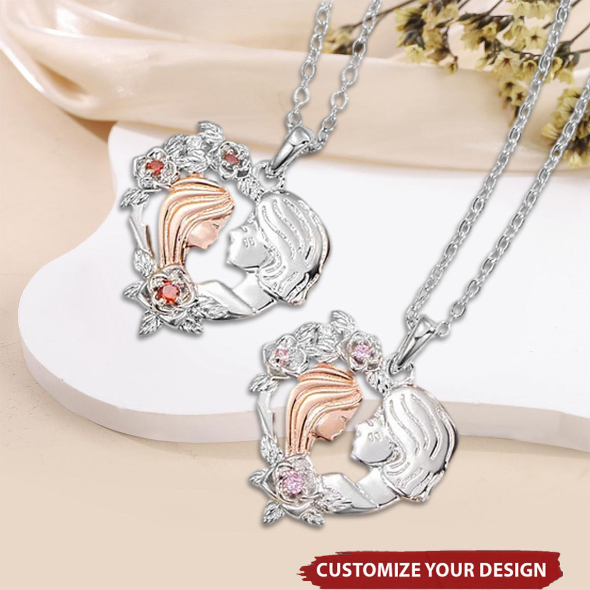 Personalized Two-Tone Grandmother Granddaughter Rose Heart Necklace with Birthstone Birthday Mother’s Day Gift for Her