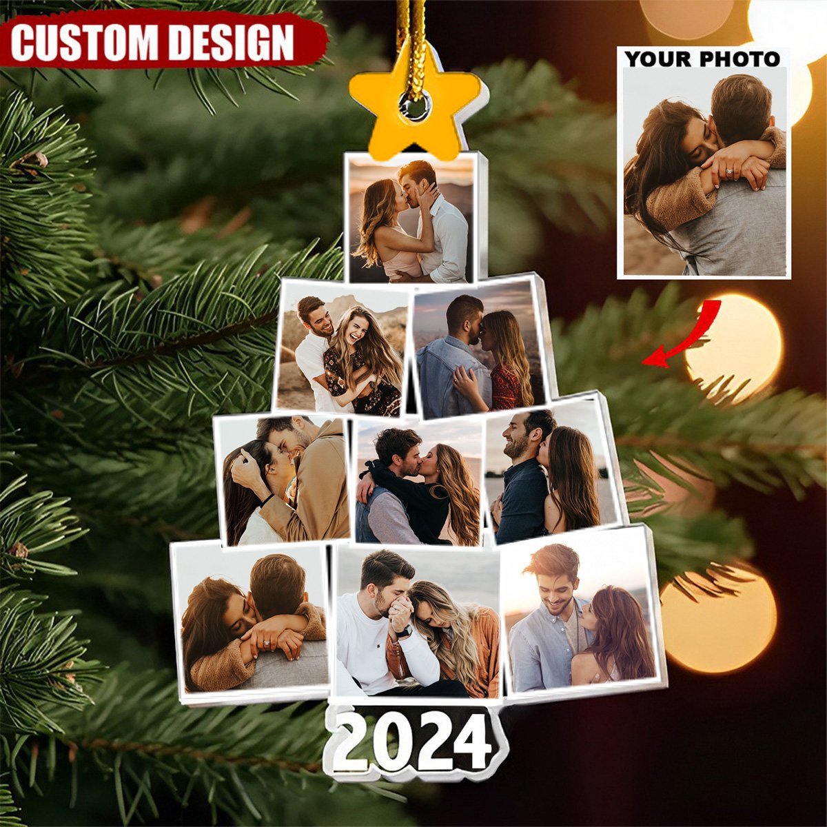 Custom Year & Photo - Photo Family-Couple-Pet Tree Christmas - Personalized Acrylic Photo Ornament
