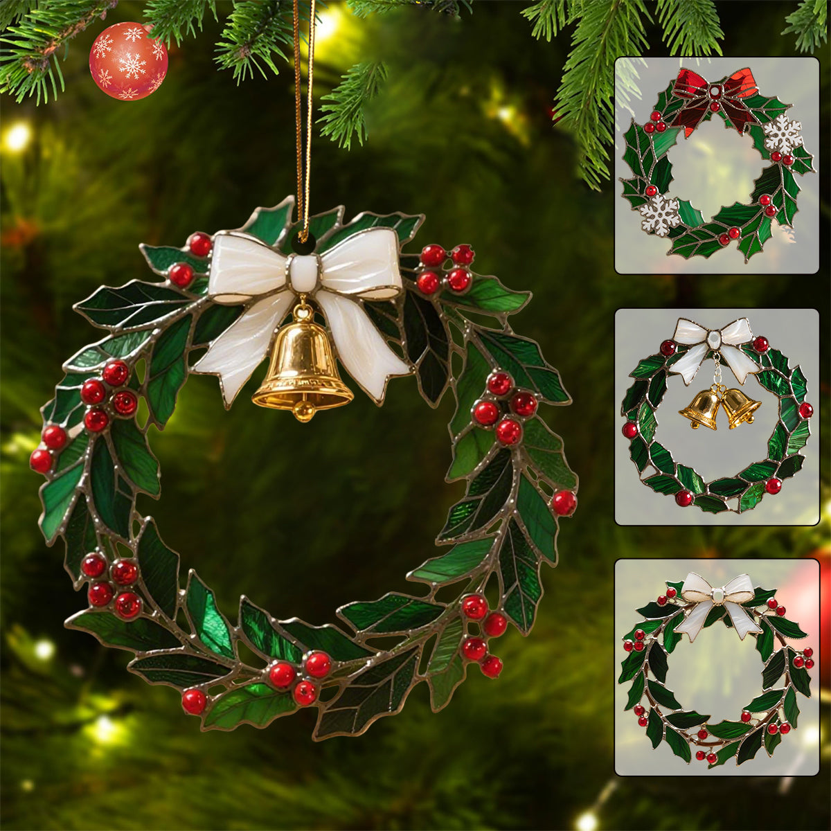 Christmas Stained Holly Wreath Ornament