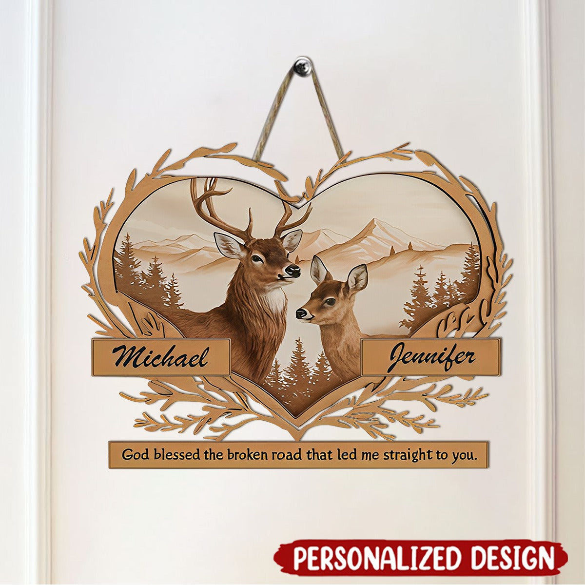 Personalized Deer Love Mountains Metal Sign - Gift For Couple, Husband, Wife, Anniversary