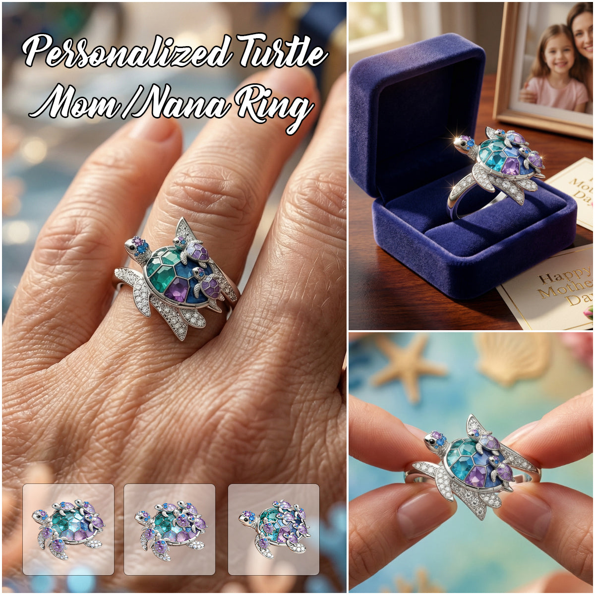 Personalized Grandma-shaped Turtle Ring - Gift For Mom and Grandma