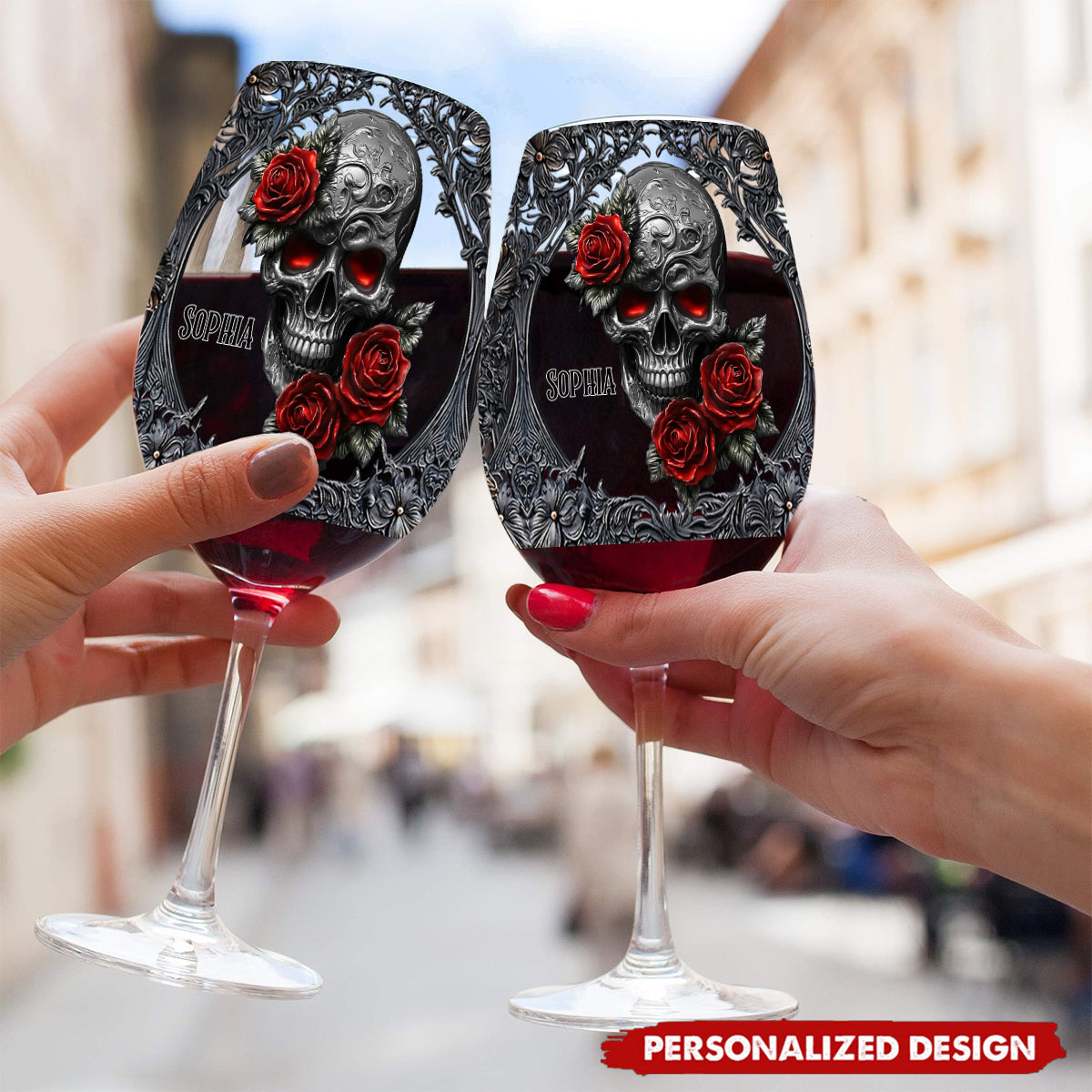 Hello Darkness - Couple Gift - Personalized Skull Wine Glass With Long Stem
