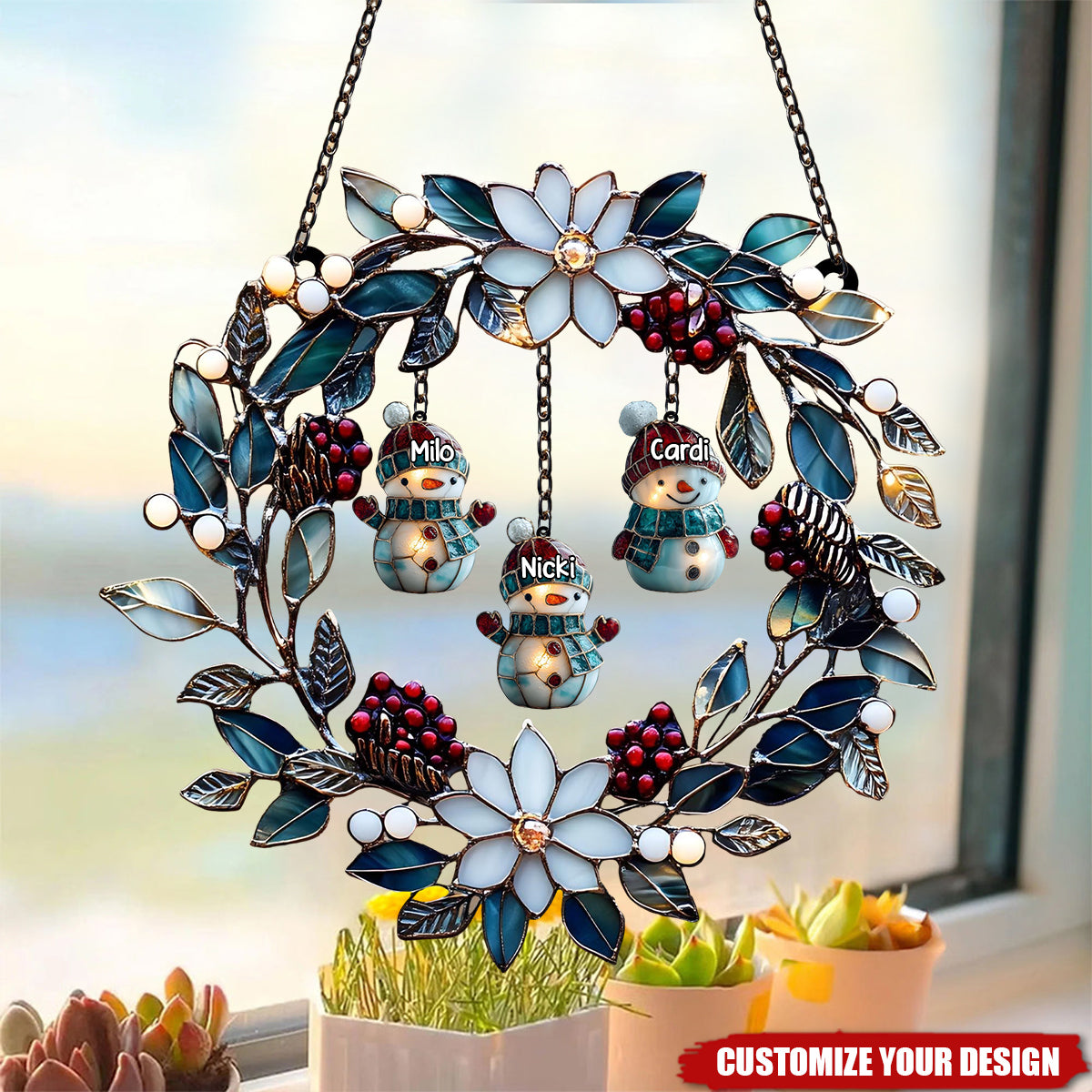 Personalized Snowman Family Acrylic Suncatcher Wreath - Christmas Faux Stained Glass Winter Window Hanging