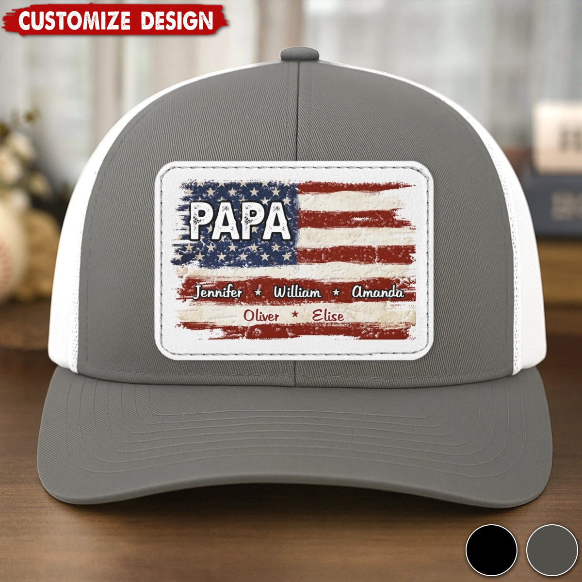 Family First Always - Personalized Leather Patch Mesh Cap - Gift For Dad, Grandpa