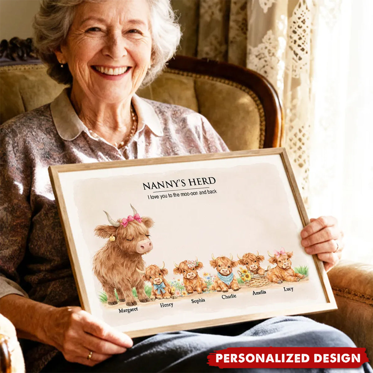 Nanny & Grandad's Herd Highland Cow Family-Personalised Poster-Gift for Grandma, Grandpa