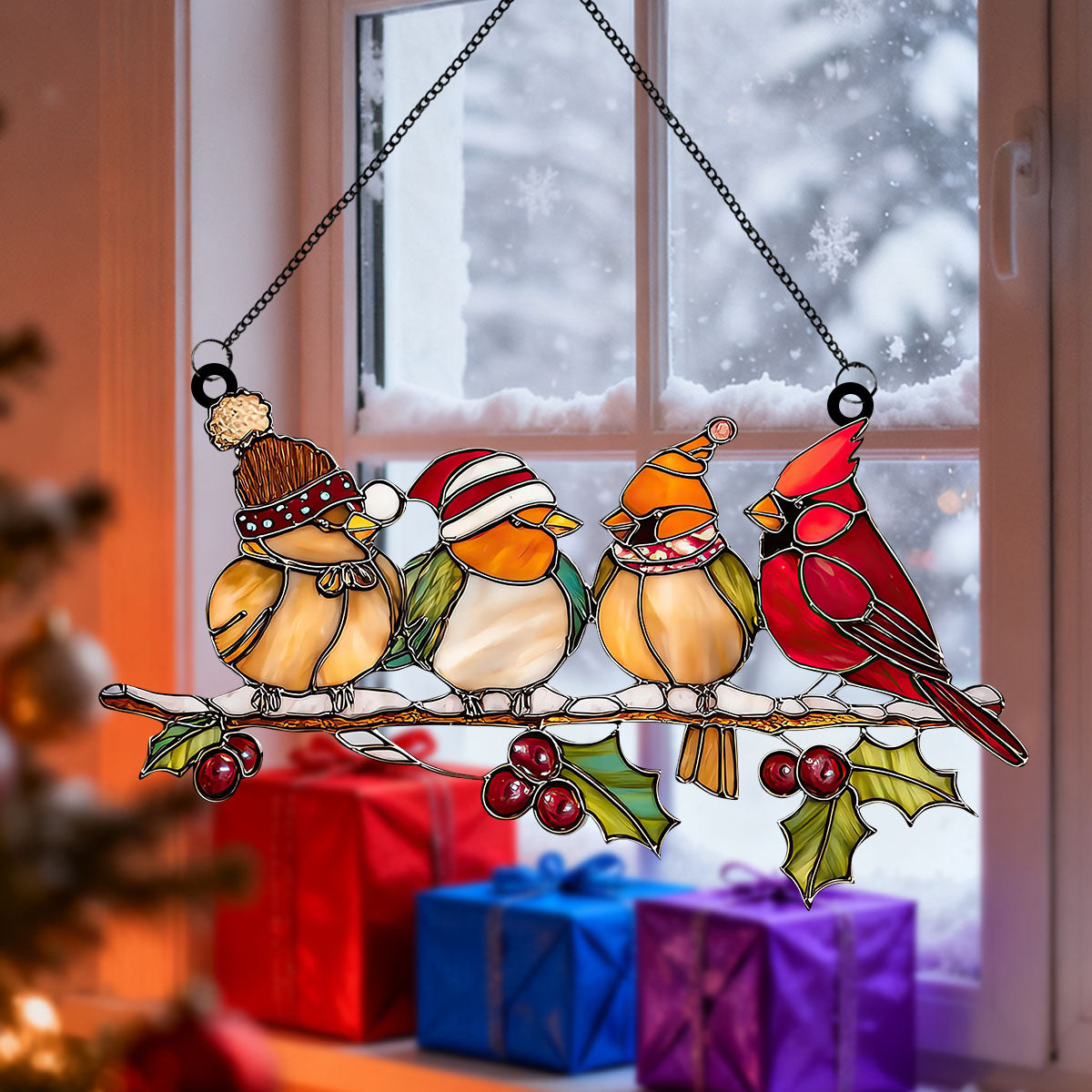 Christmas Cardinal Acrylic Suncatcher, Holiday Birds Window Ornament