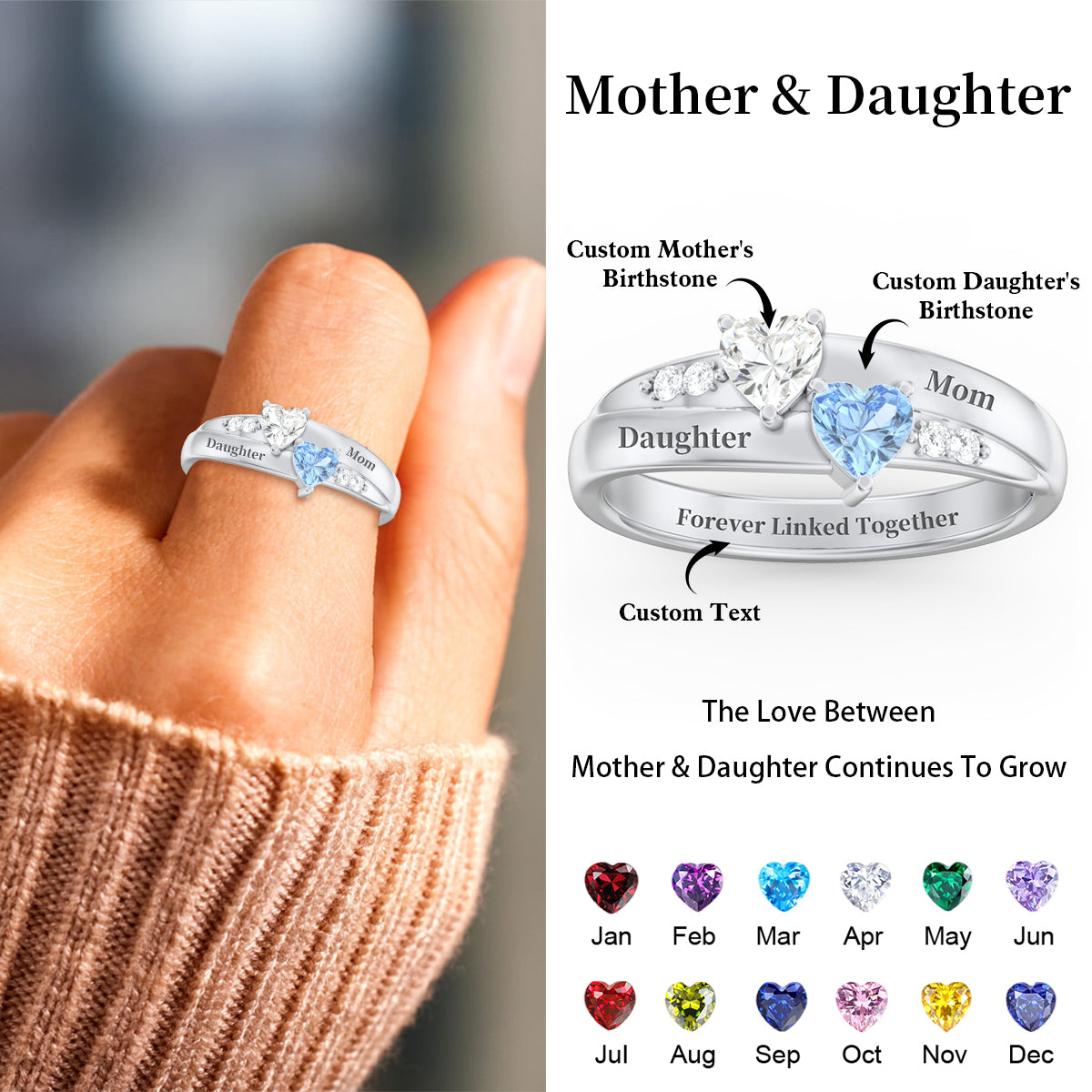 For My Family-Double Heart Gemstone Ring