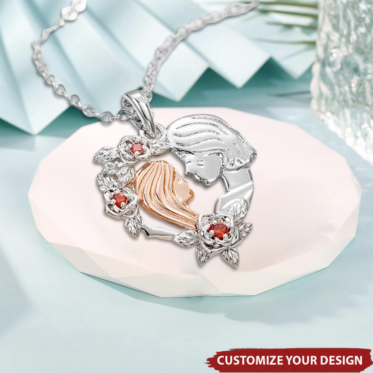 Personalized Two-Tone Grandmother Granddaughter Rose Heart Necklace with Birthstone Birthday Mother’s Day Gift for Her