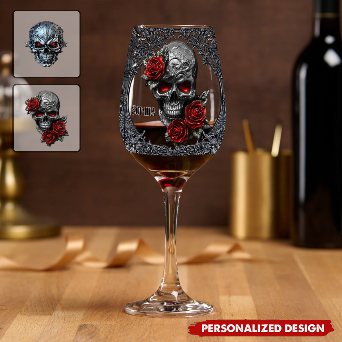 Hello Darkness - Couple Gift - Personalized Skull Wine Glass With Long Stem