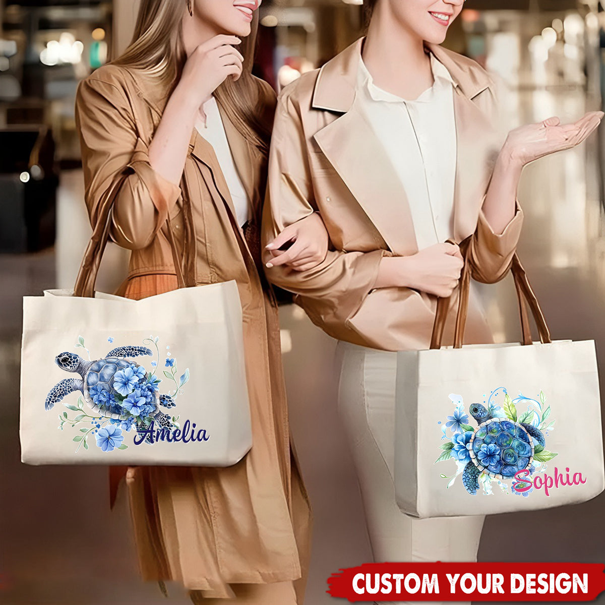 Personalised Blue Floral Sea Turtle Canvas Tote Bag with Name and PU Leather Handle