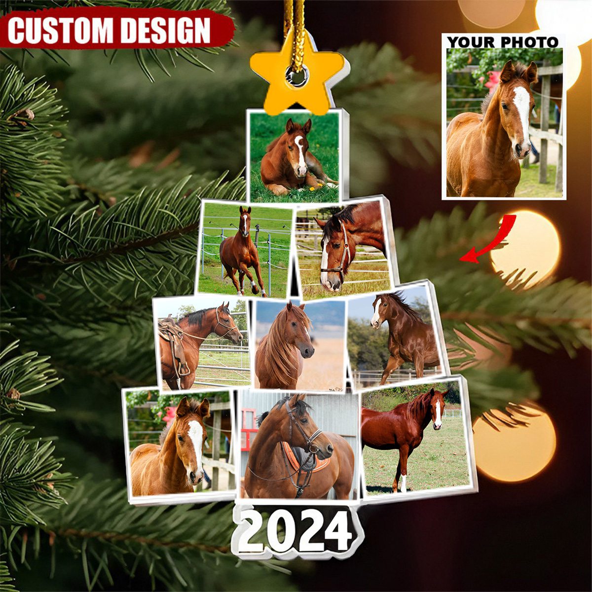 Custom Year & Photo - Photo Family-Couple-Pet Tree Christmas - Personalized Acrylic Photo Ornament
