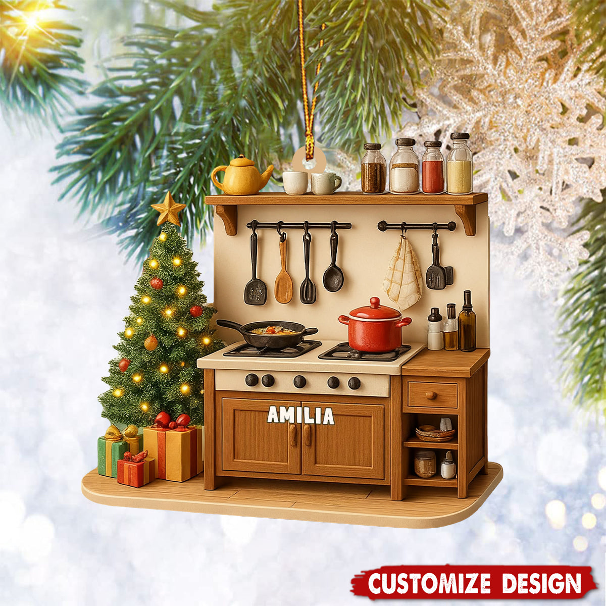 Custom Name Kitchen Ornament – 2D Flat Ornament, Cooking Stove Christmas Decoration with Pots, Utensils & Tree – Personalized Chef Gift