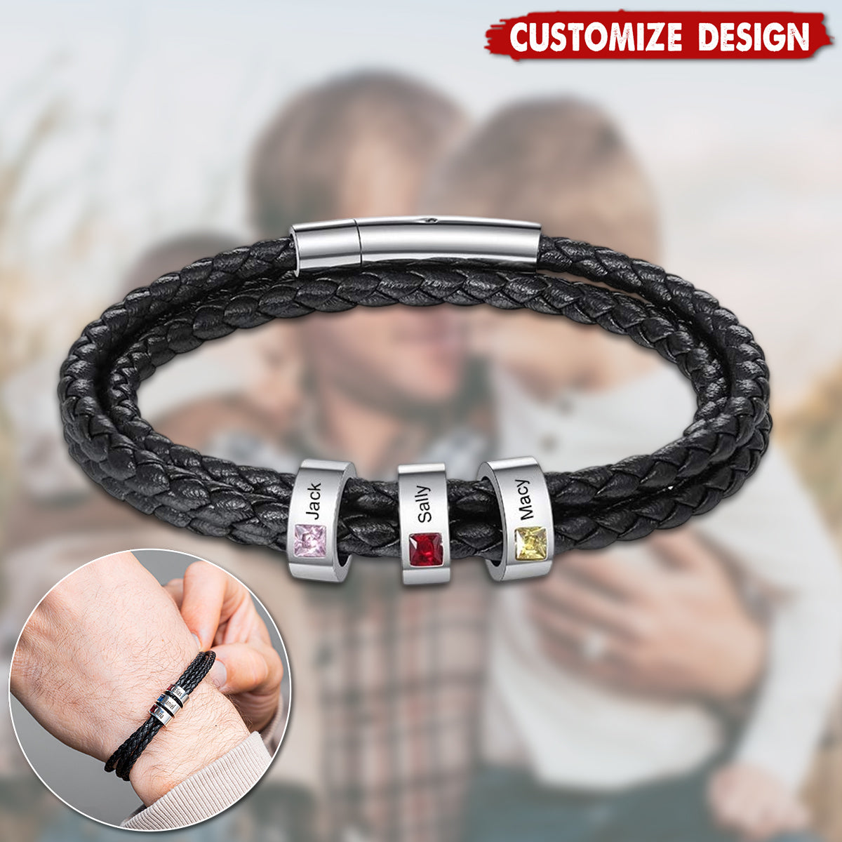 Personalized Mens Braid Bracelet with 1-8 Engraved Beads Family Names-Gifts for Men Father's day