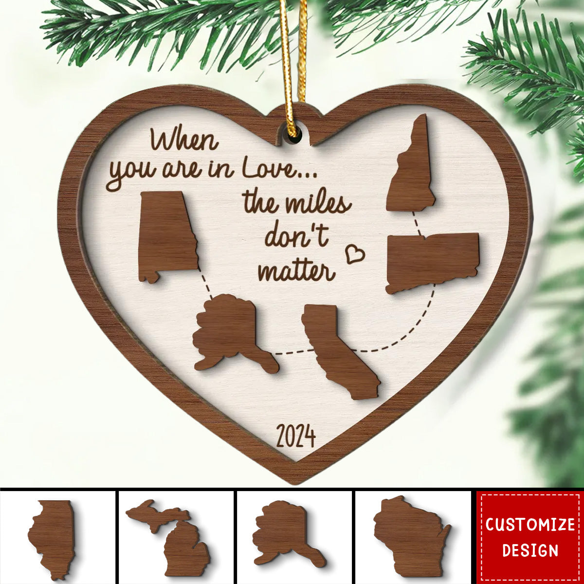 Miles Apart Long Distance Family Friendship State Map Personalized 2-Layer Wooden Ornament 2024 New Release