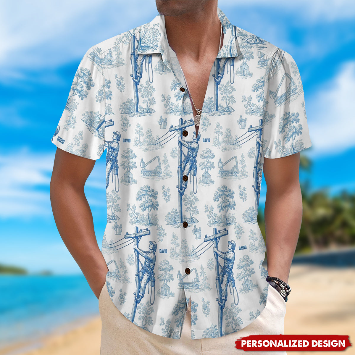 Vintage Toile Blue Pattern Hawaiian Shirt - Personalized Gifts For Lineman
