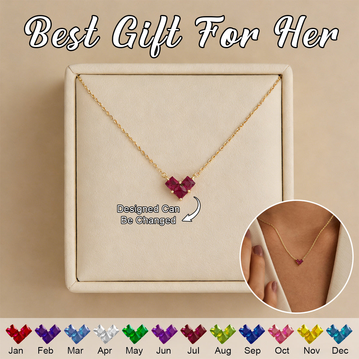 Personalised Dainty Heart Birthstone Necklace-Gift for Her