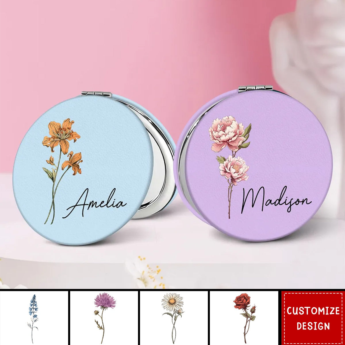 Beautiful Birth Month Flower Personalized Circle Compact Mirror