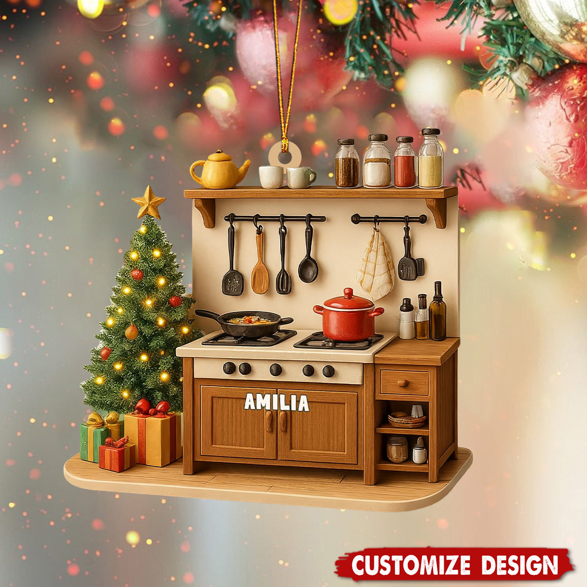 Custom Name Kitchen Ornament – 2D Flat Ornament, Cooking Stove Christmas Decoration with Pots, Utensils & Tree – Personalized Chef Gift