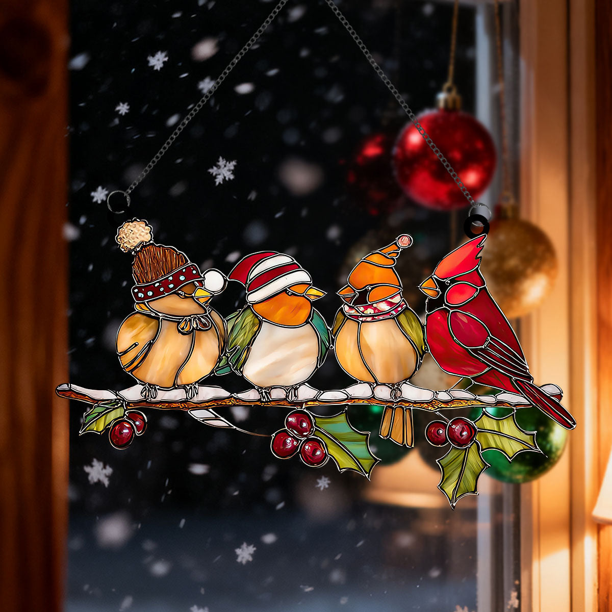 Christmas Cardinal Acrylic Suncatcher, Holiday Birds Window Ornament