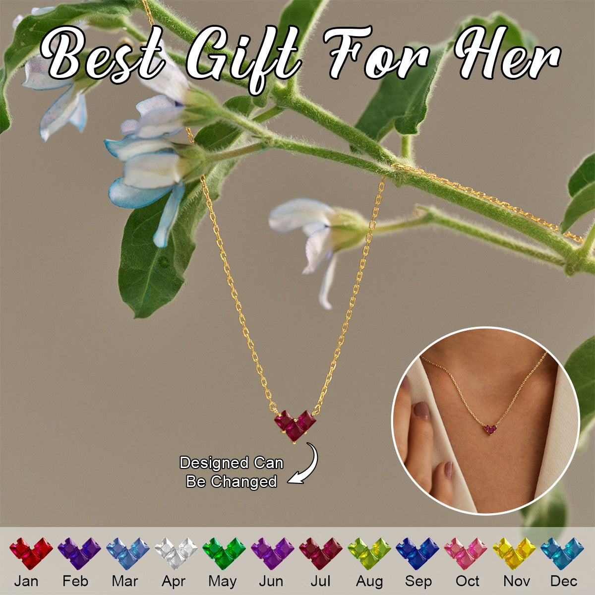 Personalised Dainty Heart Birthstone Necklace-Gift for Her