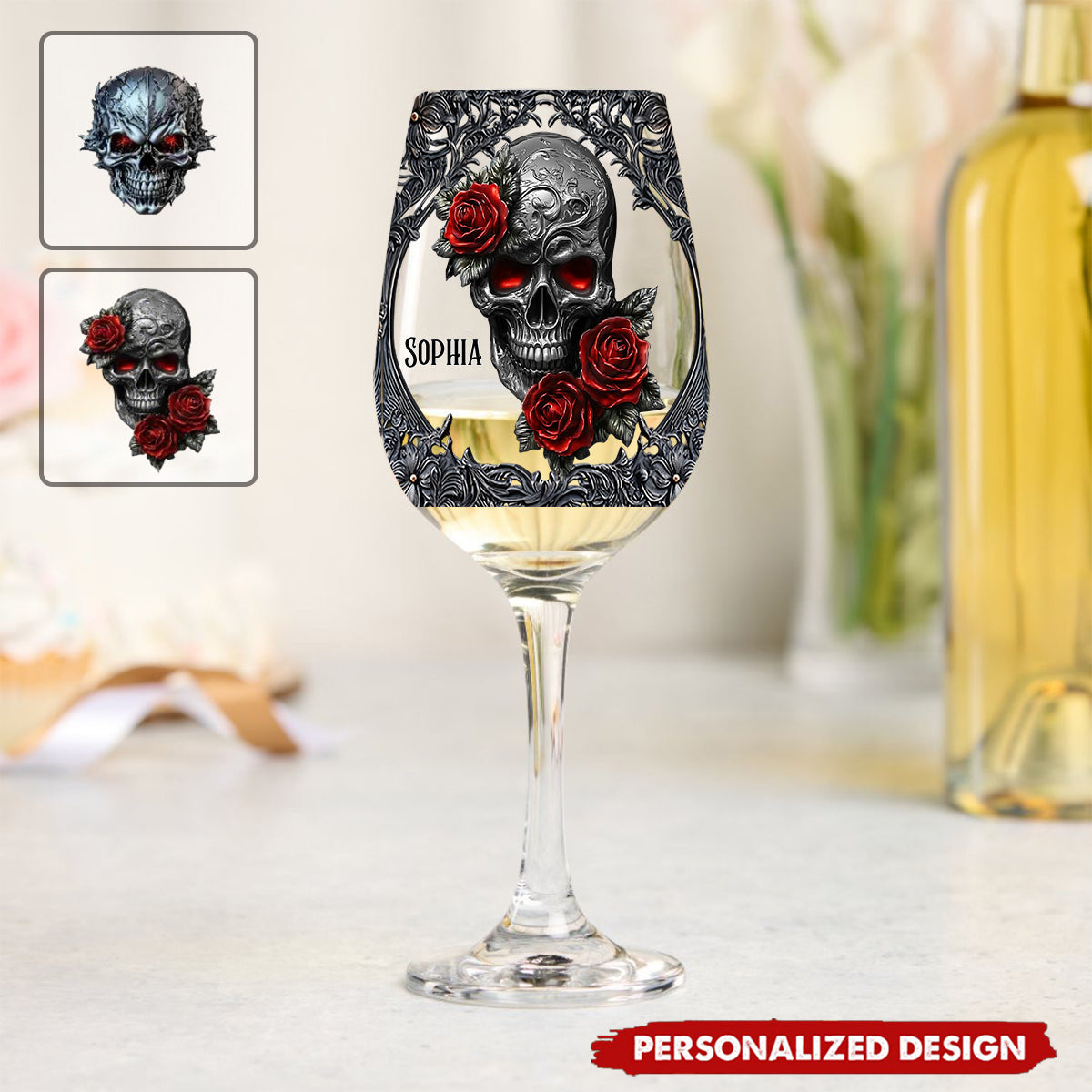 Hello Darkness - Couple Gift - Personalized Skull Wine Glass With Long Stem