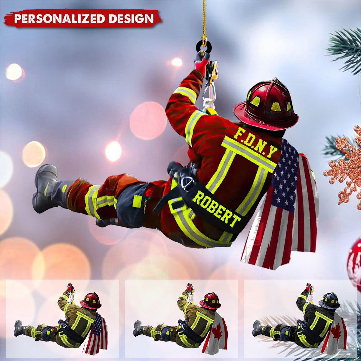 Personalized US/CA Firefighter Name & Department Car Hanging Ornament And Christmas Ornament