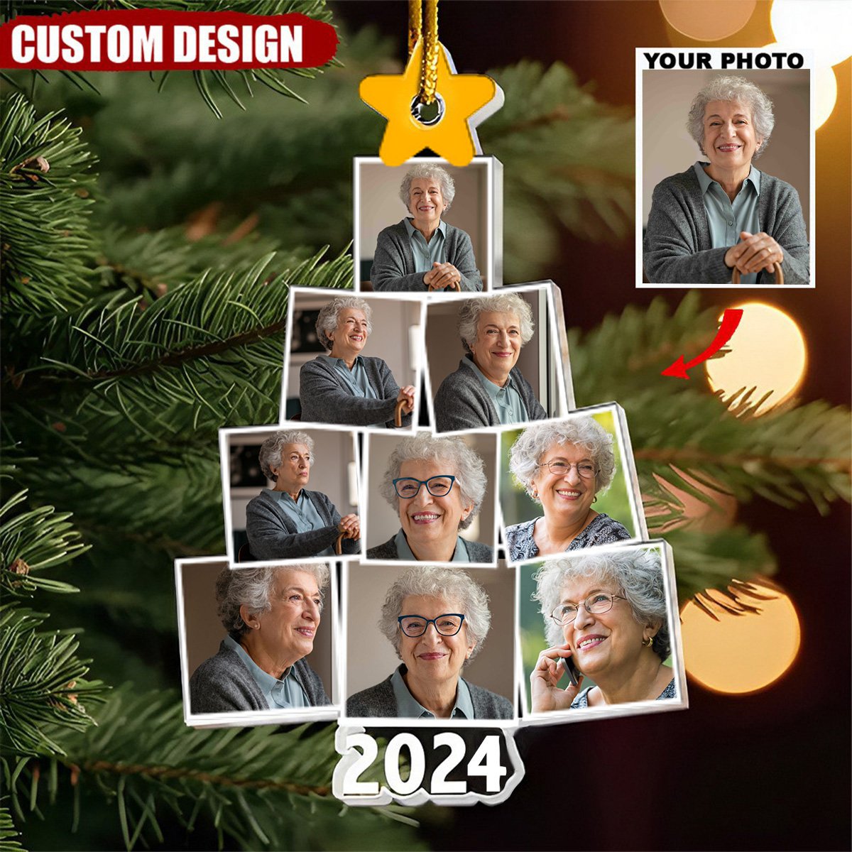 Custom Year & Photo - Photo Family-Couple-Pet Tree Christmas - Personalized Acrylic Photo Ornament