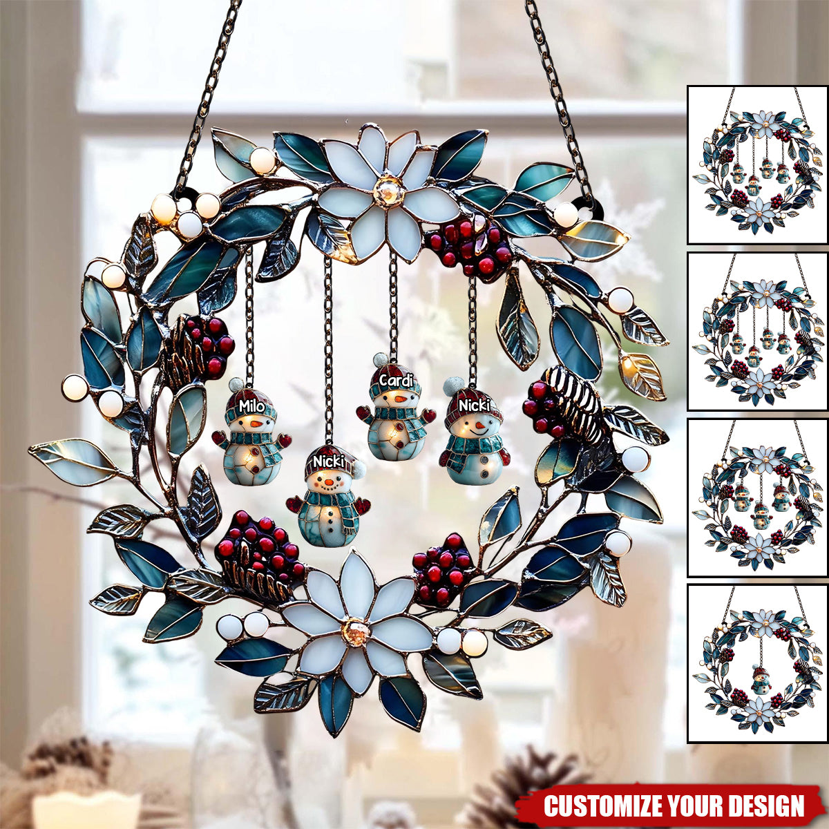 Personalized Snowman Family Acrylic Suncatcher Wreath - Christmas Faux Stained Glass Winter Window Hanging