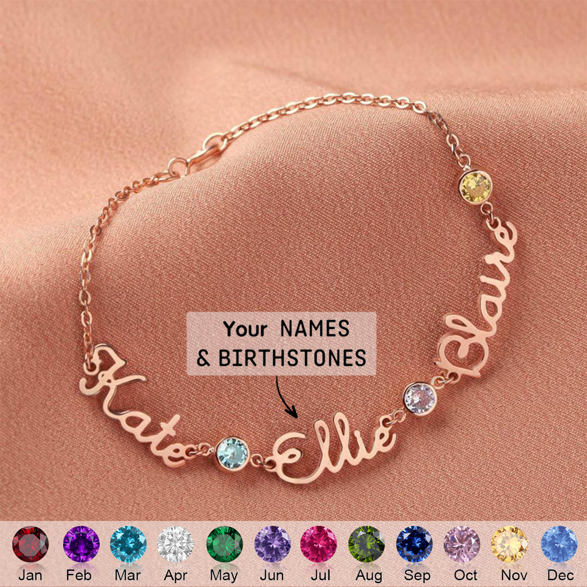 Personalized Birthstone And Name Bracelet - Gift For Mom,Grandma