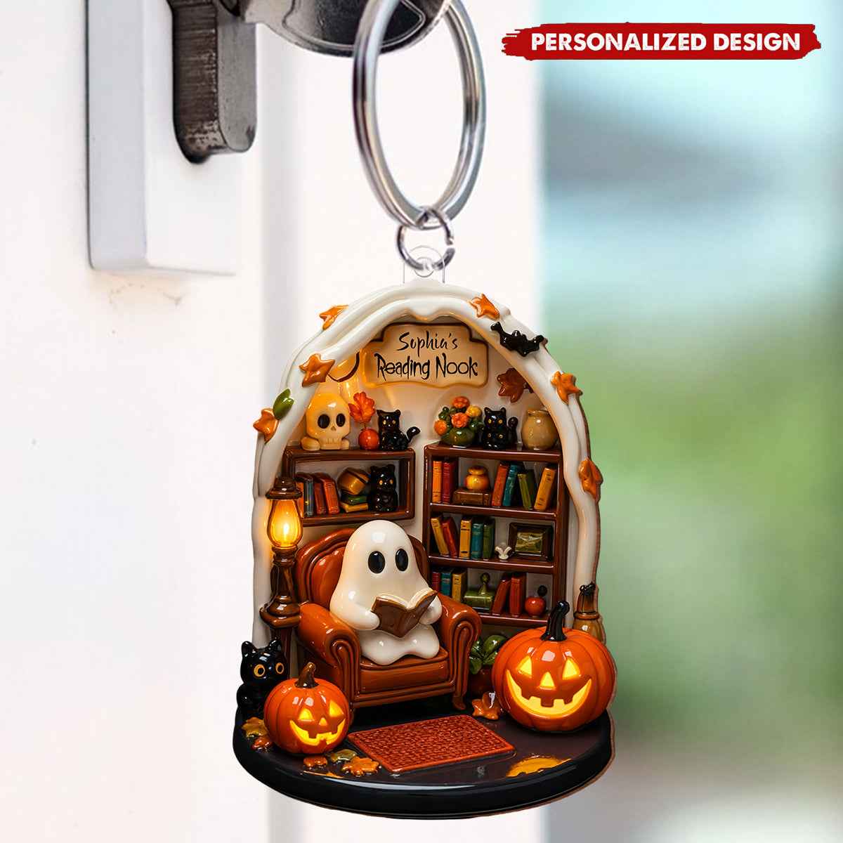 Create Your Own Personalized Reading Nook With Ghost and Pumpkin,Custom Keychain,Gift For Book and Halloween Lovers